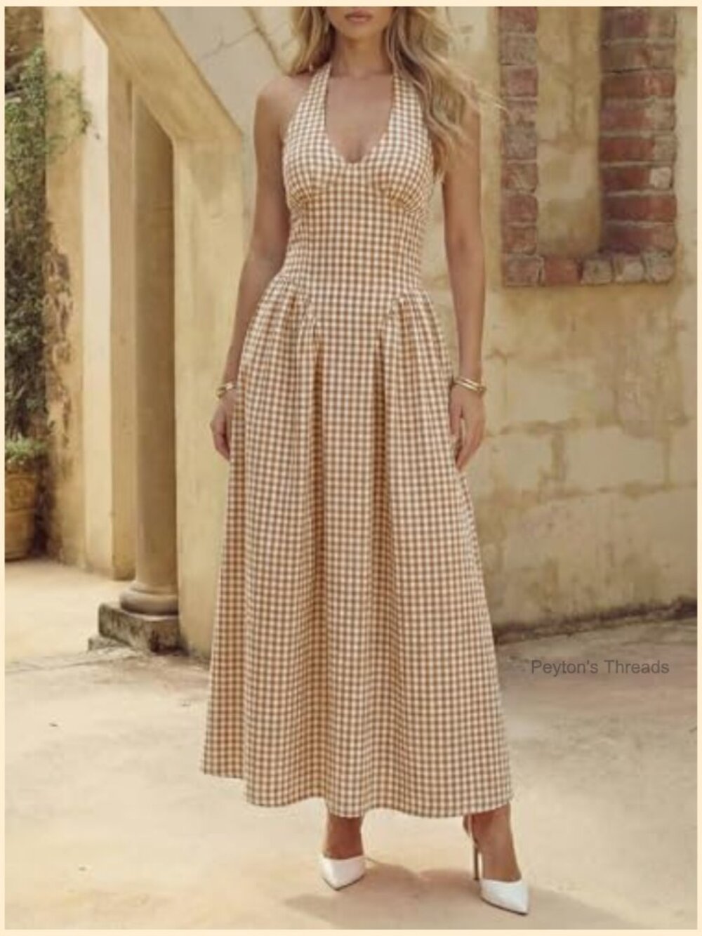 Halter V Neck Corset Maxi Dress Plaid Smocked Tie Back Backless Drop Waist - Picture 2 of 7
